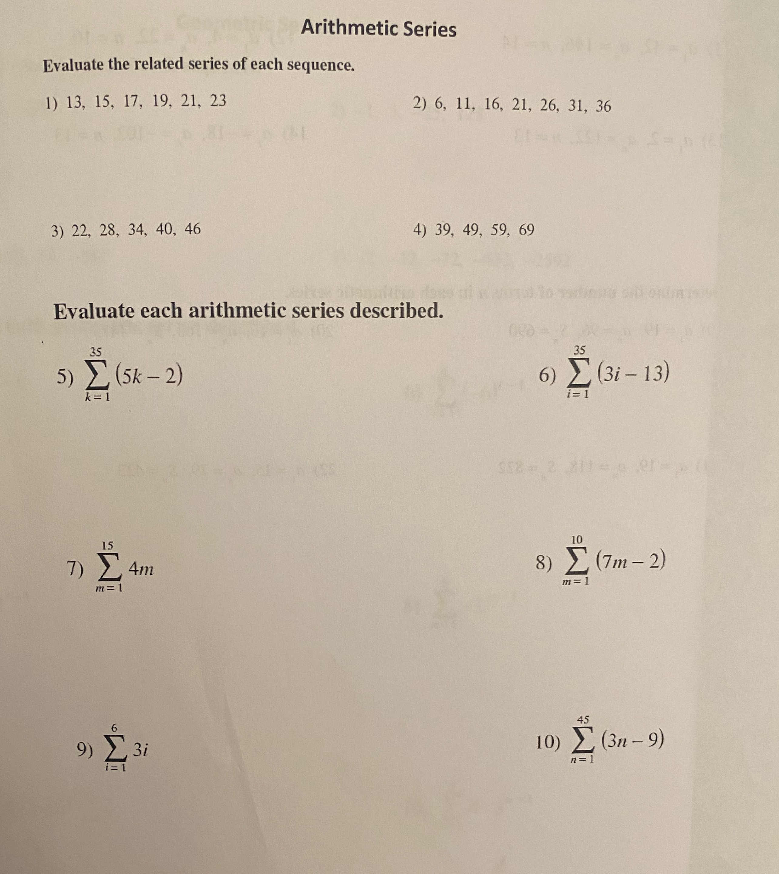 Arithmetic Series Evaluate the related series of