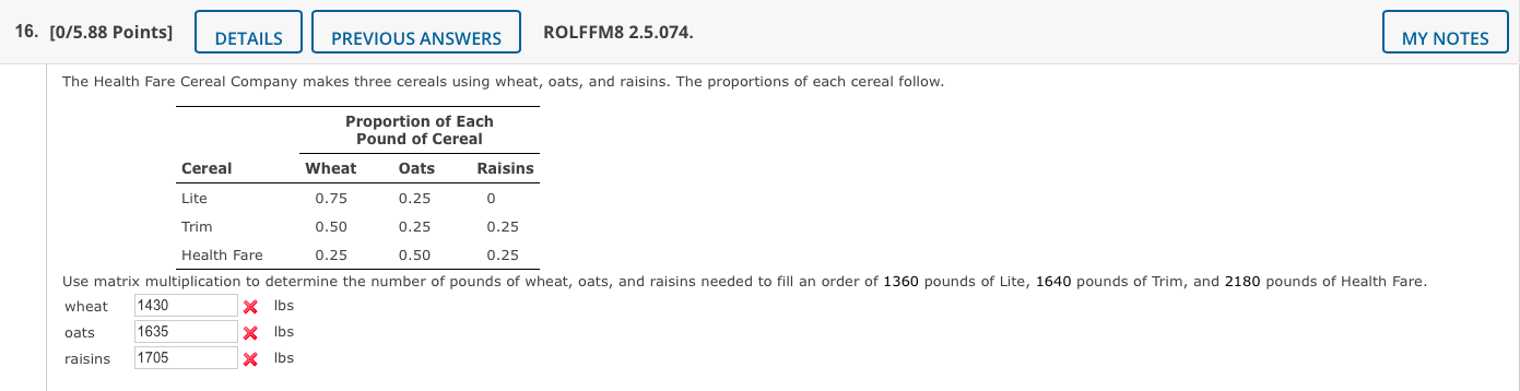 16. [015.33 Points] PREVIOUS ANSWERS RGLFFMB