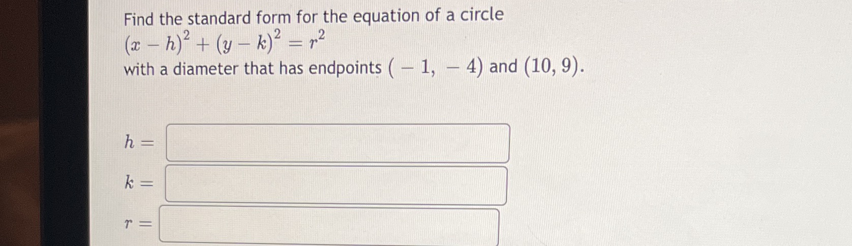 Find the standard form for the equation of a