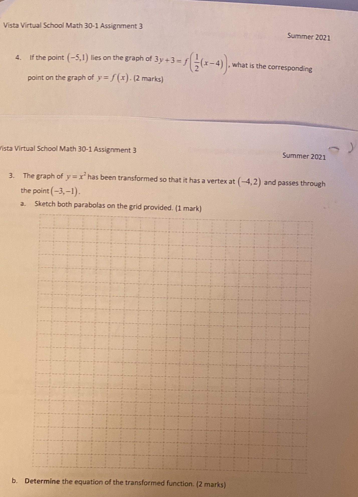 Vista Virtual School Math 30-1 Assignment 3