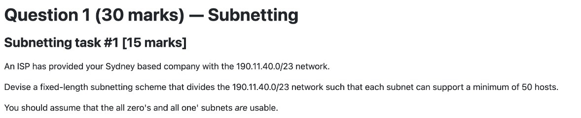 Question 1 (30 marks) - Subnetting Subnetting