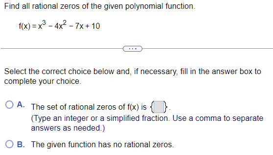 Find the set of possible rational zeros of the