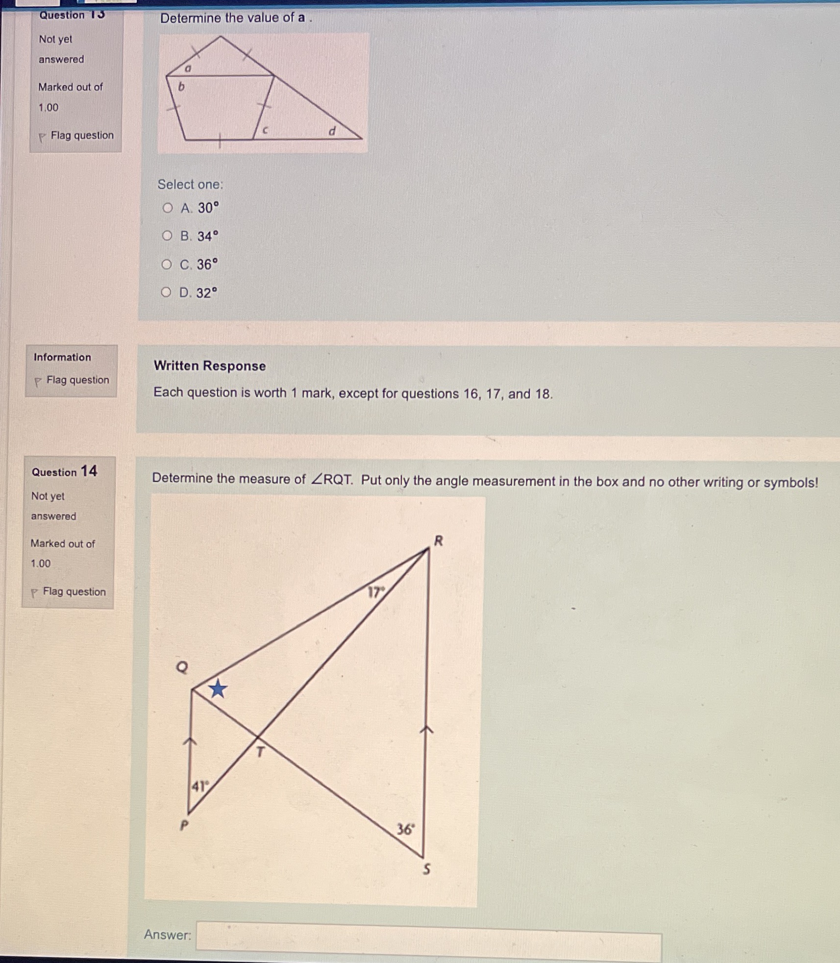 Question 15 Determine the value of a . Not yet