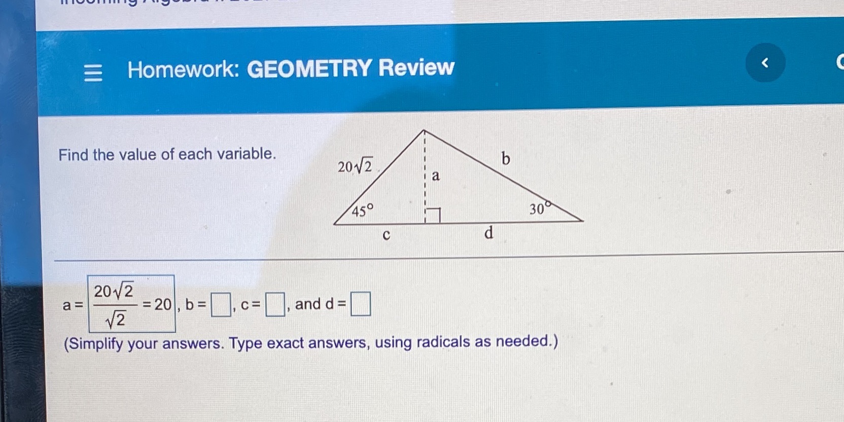 Homework: GEOMETRY Review < Find the value of
