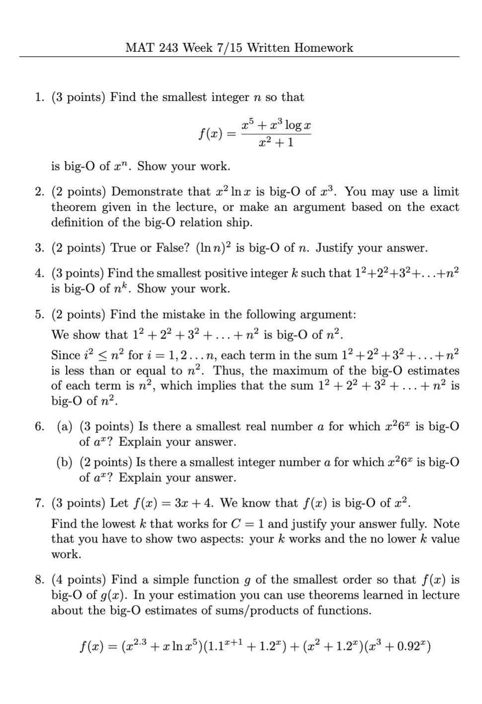 MAT 243 Week 7/ 15 Written Homework . (3 points)