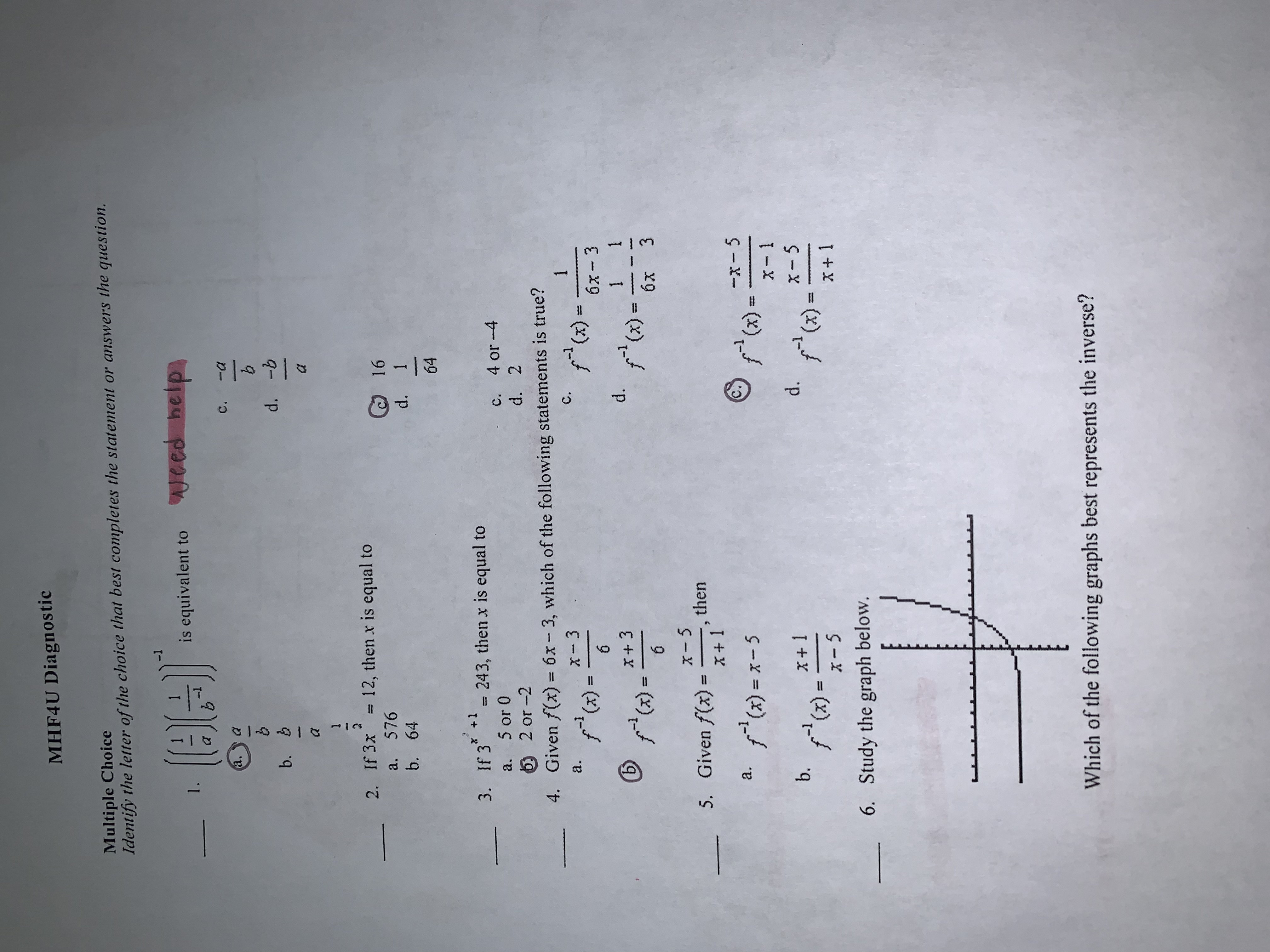 MHF4U Diagnostic Multiple Choice Identify the