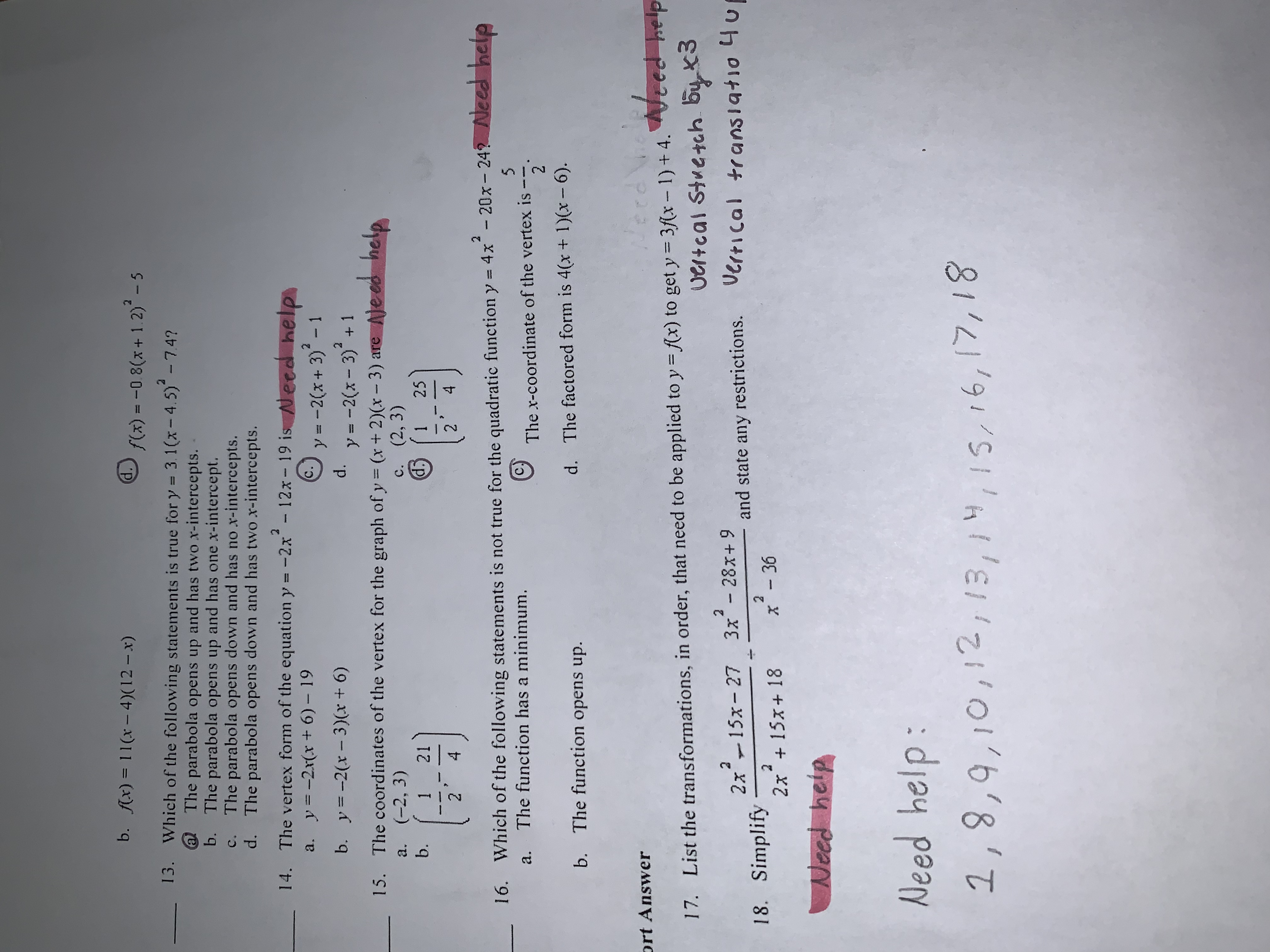 MHF4U Diagnostic Multiple Choice Identify the