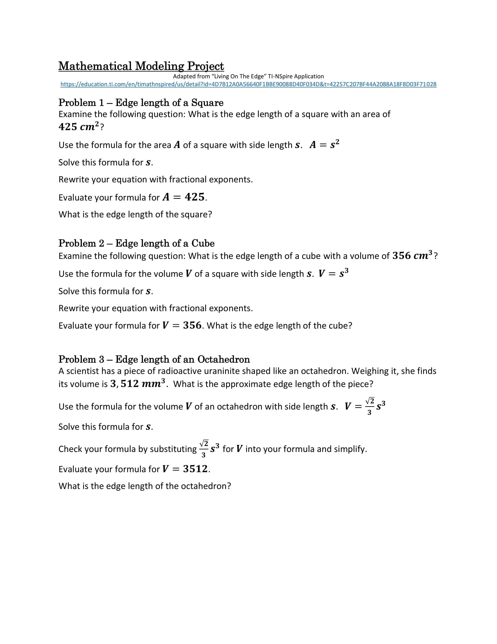 Mathematical Modeling Project Adapted from