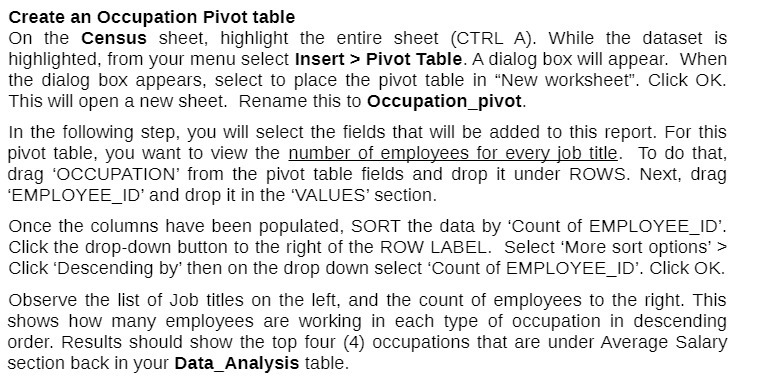 Create an Occupation Pivot table On the Census