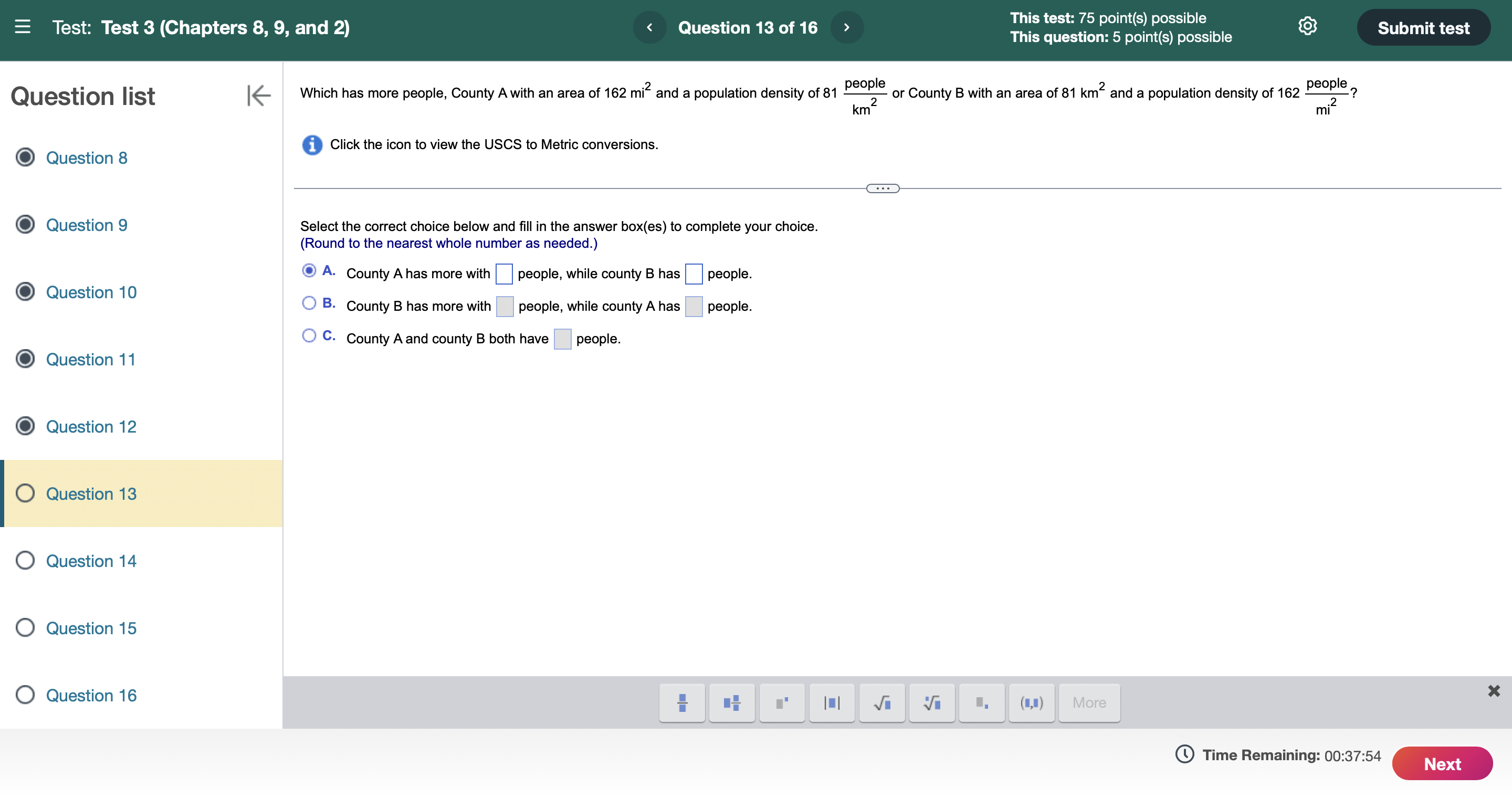 E Test: Test 3 (Chapters 8, 9, and 2) Question 13