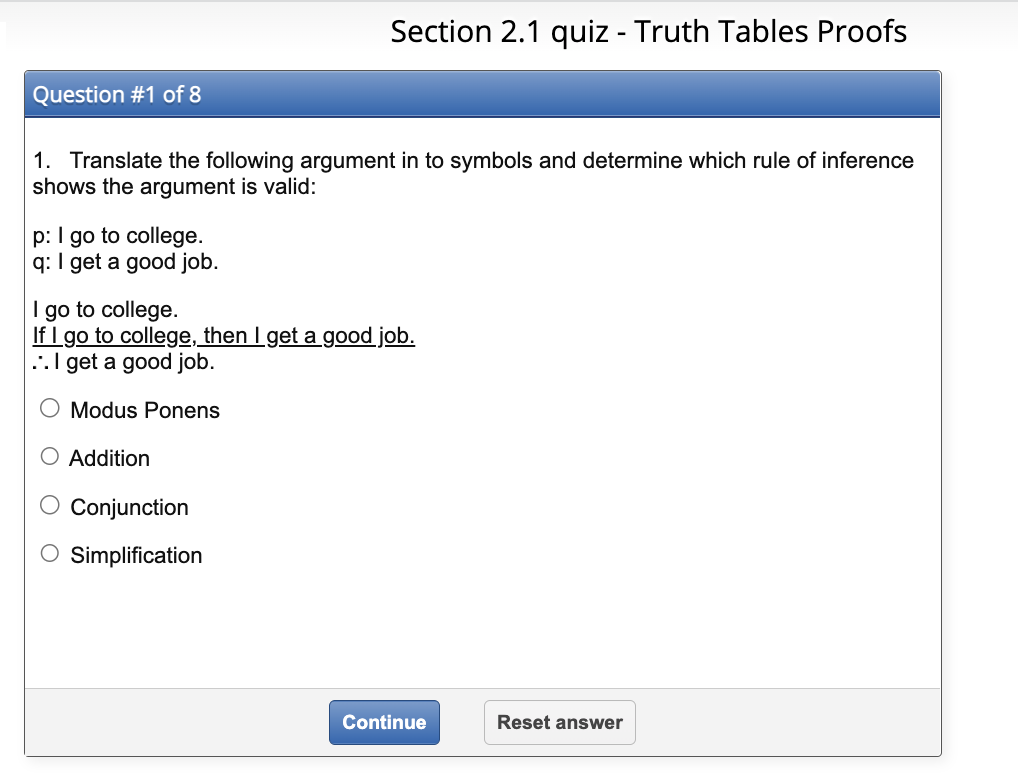 Section 2.1 quiz - Truth Tables Proofs Question