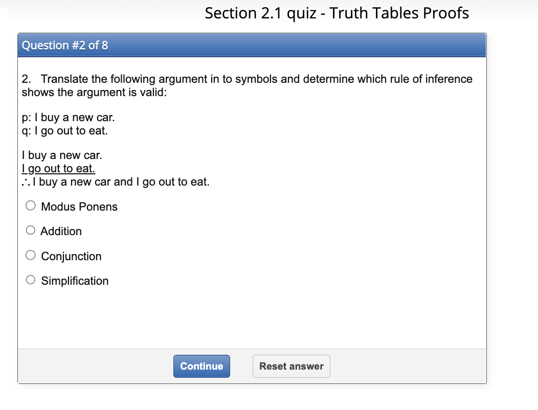 Section 2.1 quiz - Truth Tables Proofs Question