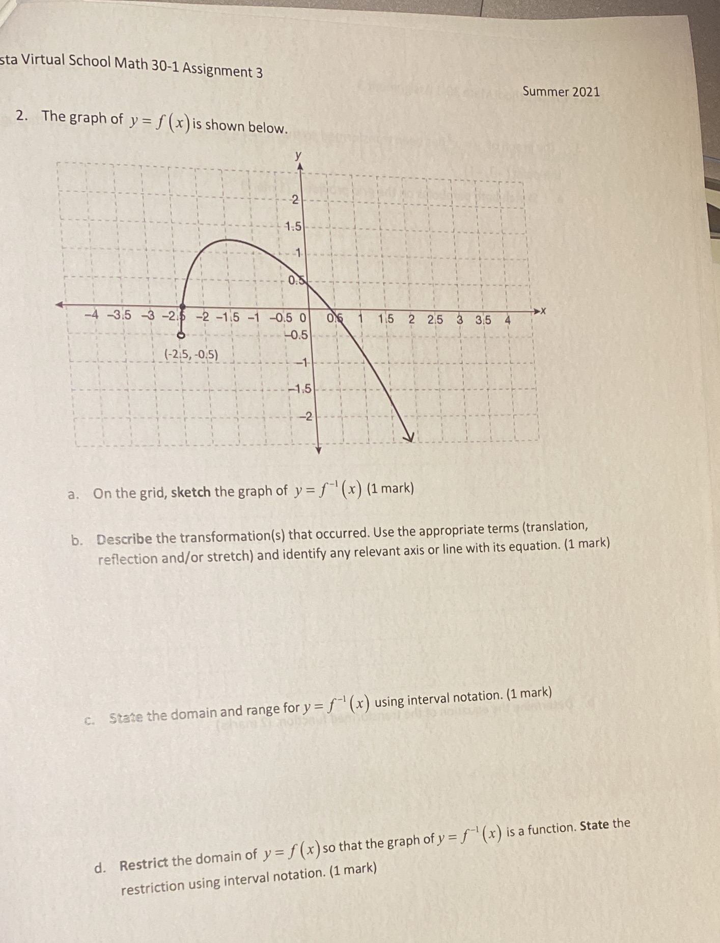 sta Virtual School Math 30-1 Assignment 3 Summer
