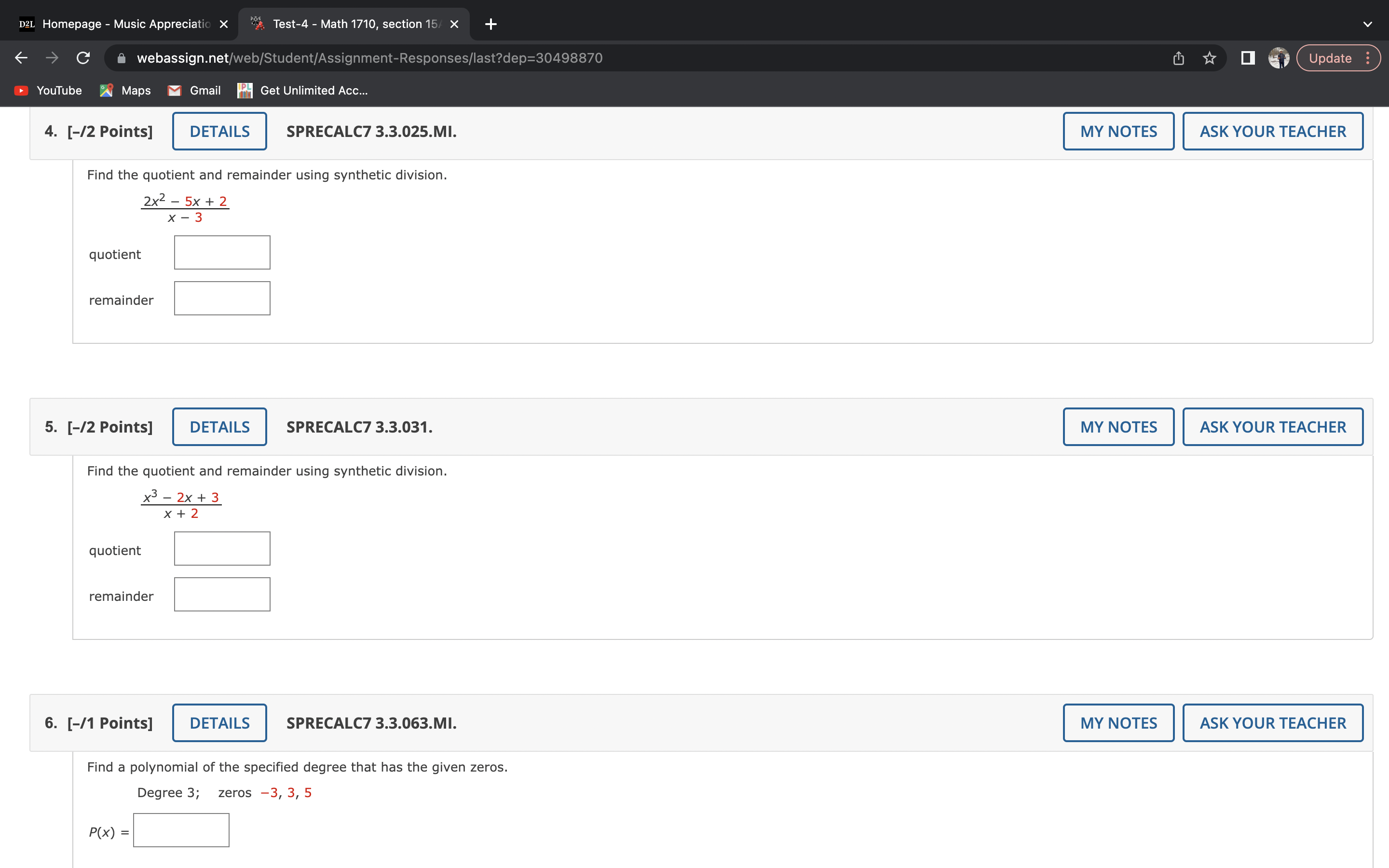 D2L Homepage - Music Appreciation X Test-4 - Math