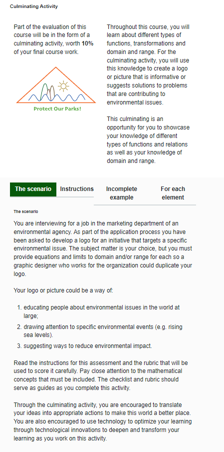 Culminating Activity Part of the evaluation of