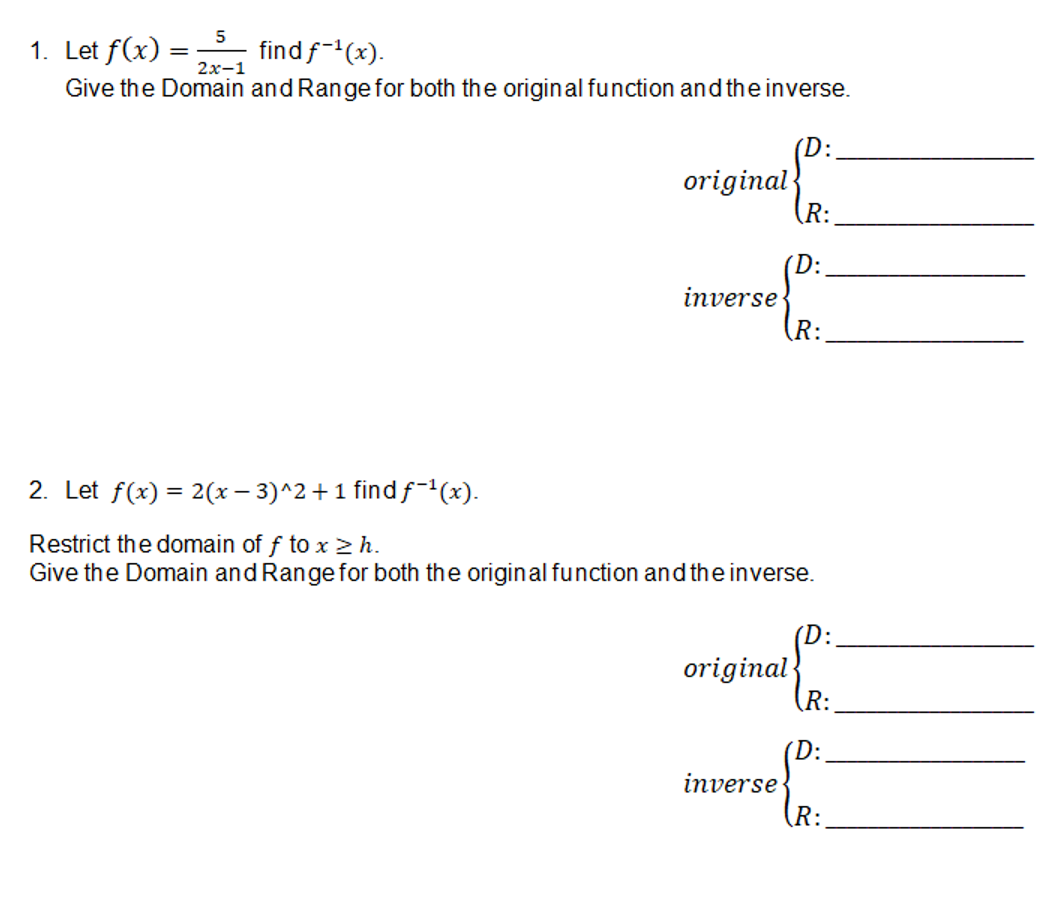 Help please, with my math work. 5 1. Let f(x) =