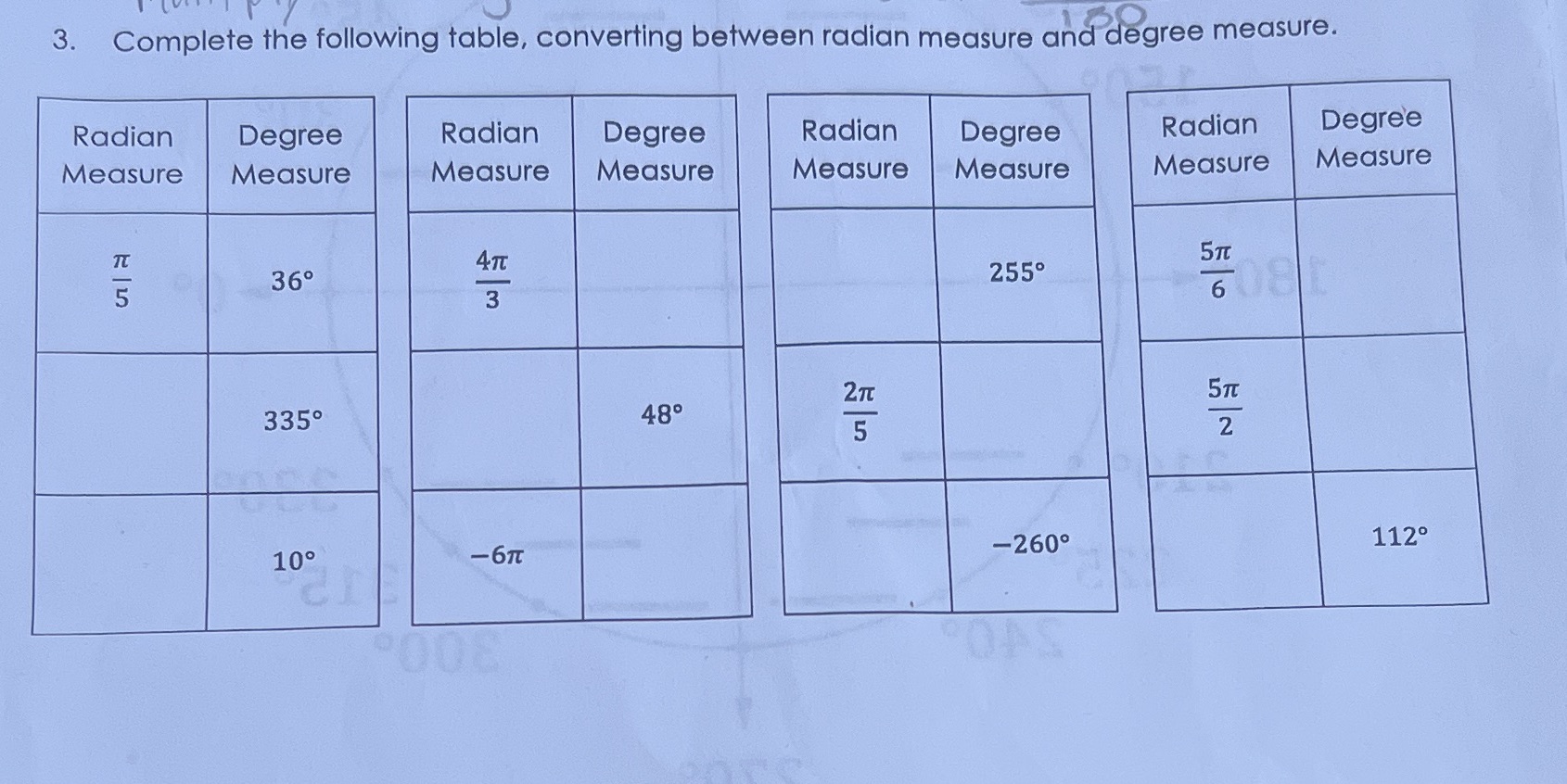 3. Complete the following table, converting