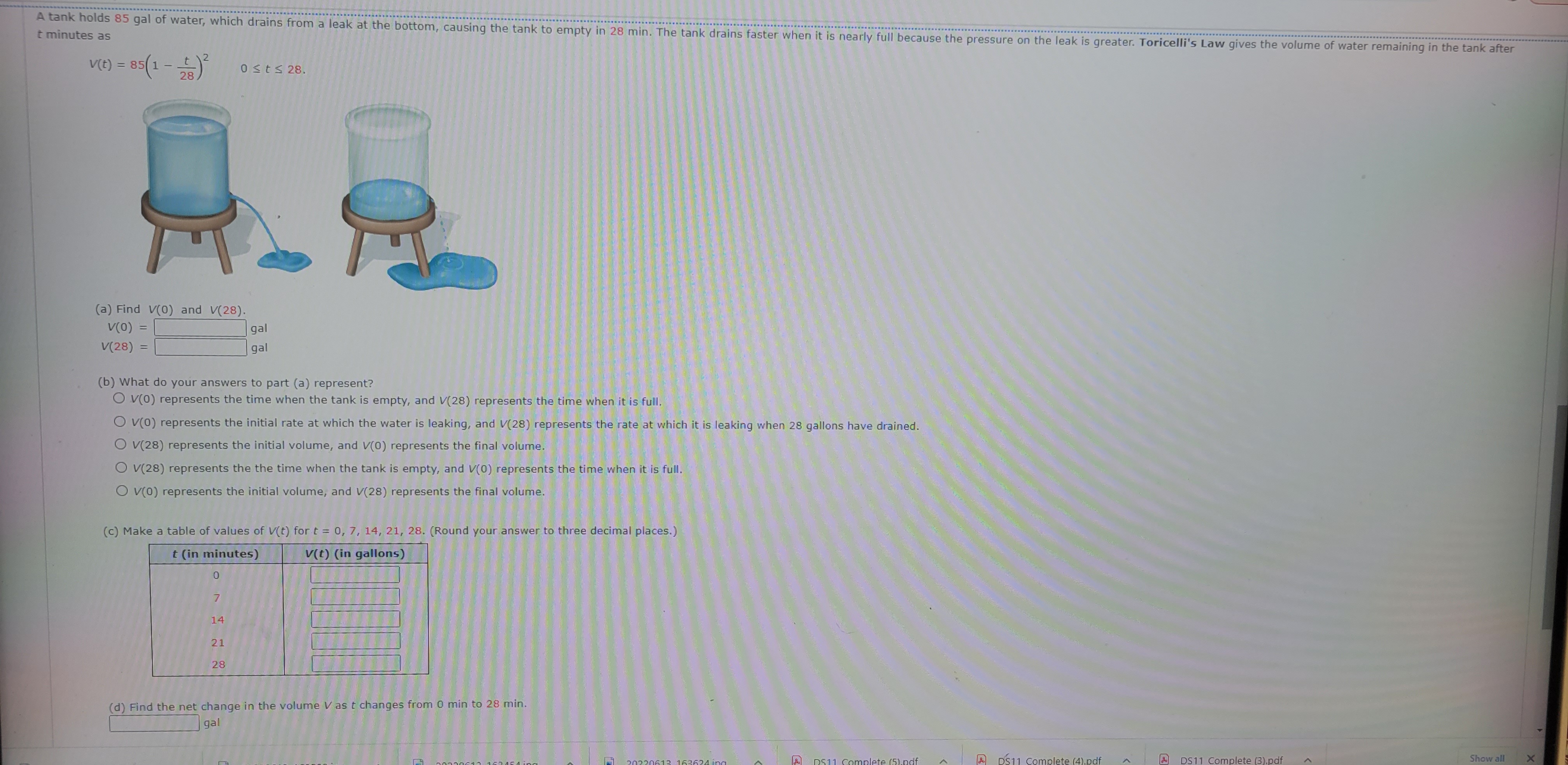 t minutes as A tank holds 85 gal of water, which