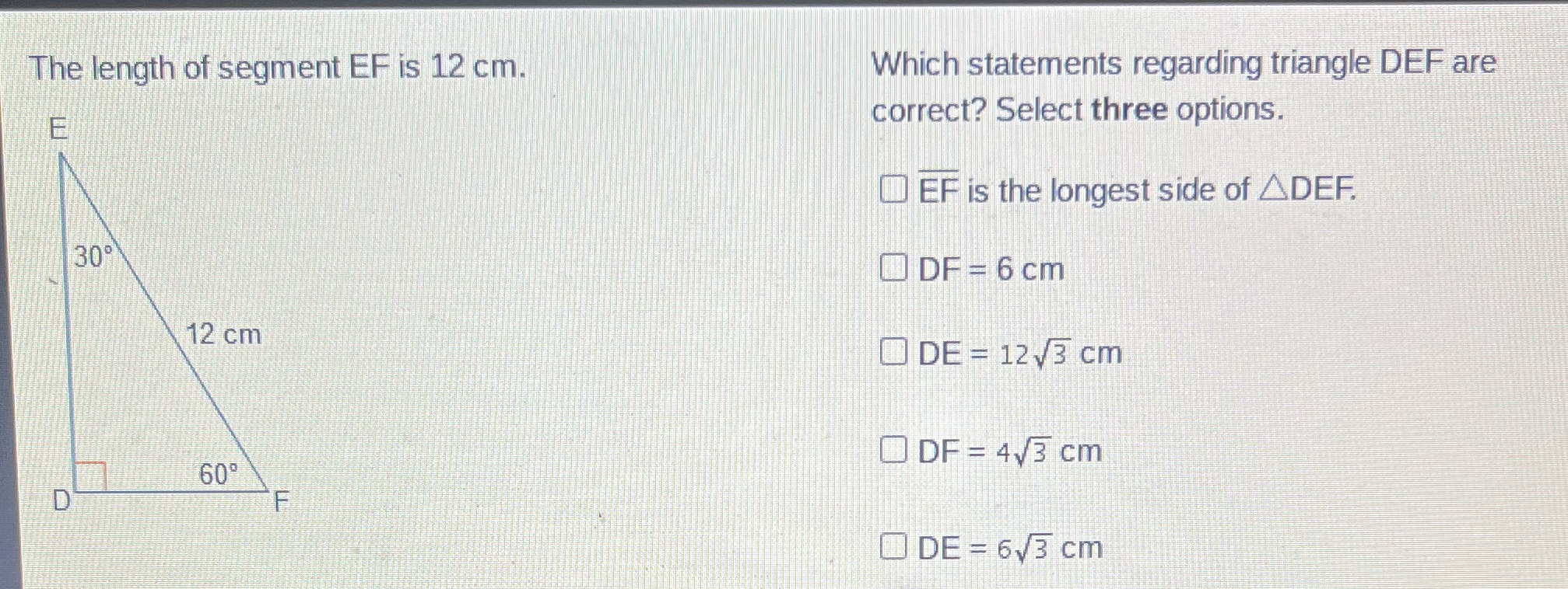 The length of segment EF is 12 cm. Which