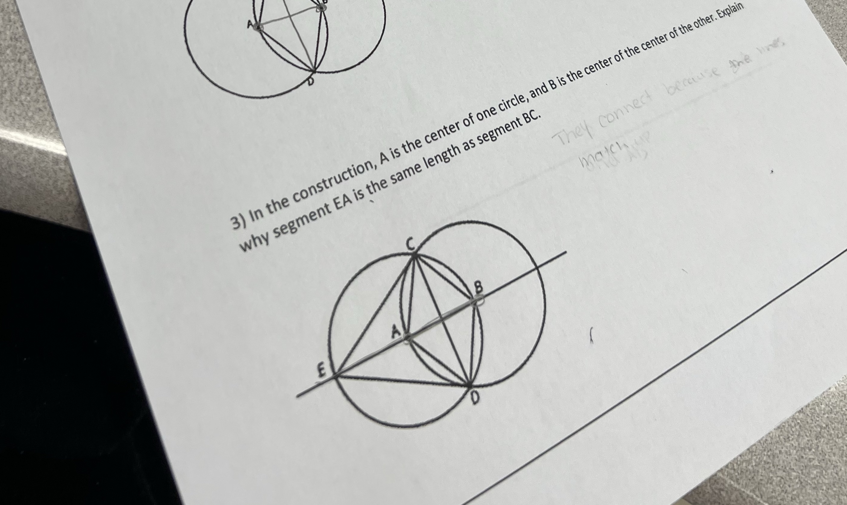 3) In the construction, A is the center of one