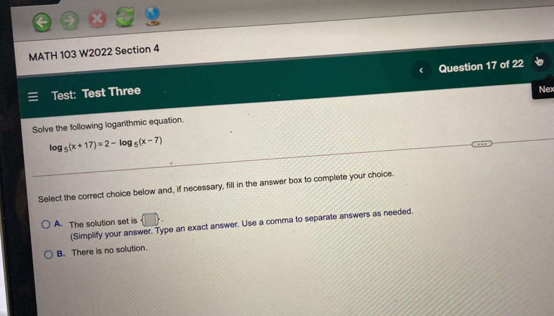MATH 103 W2022 Section 4 Test: Test Three <