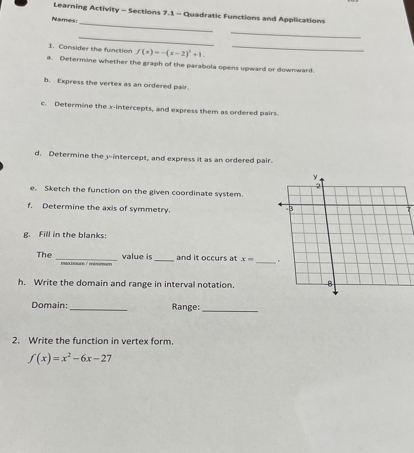 Learning Activity - Sections 7.1 - Quadratic