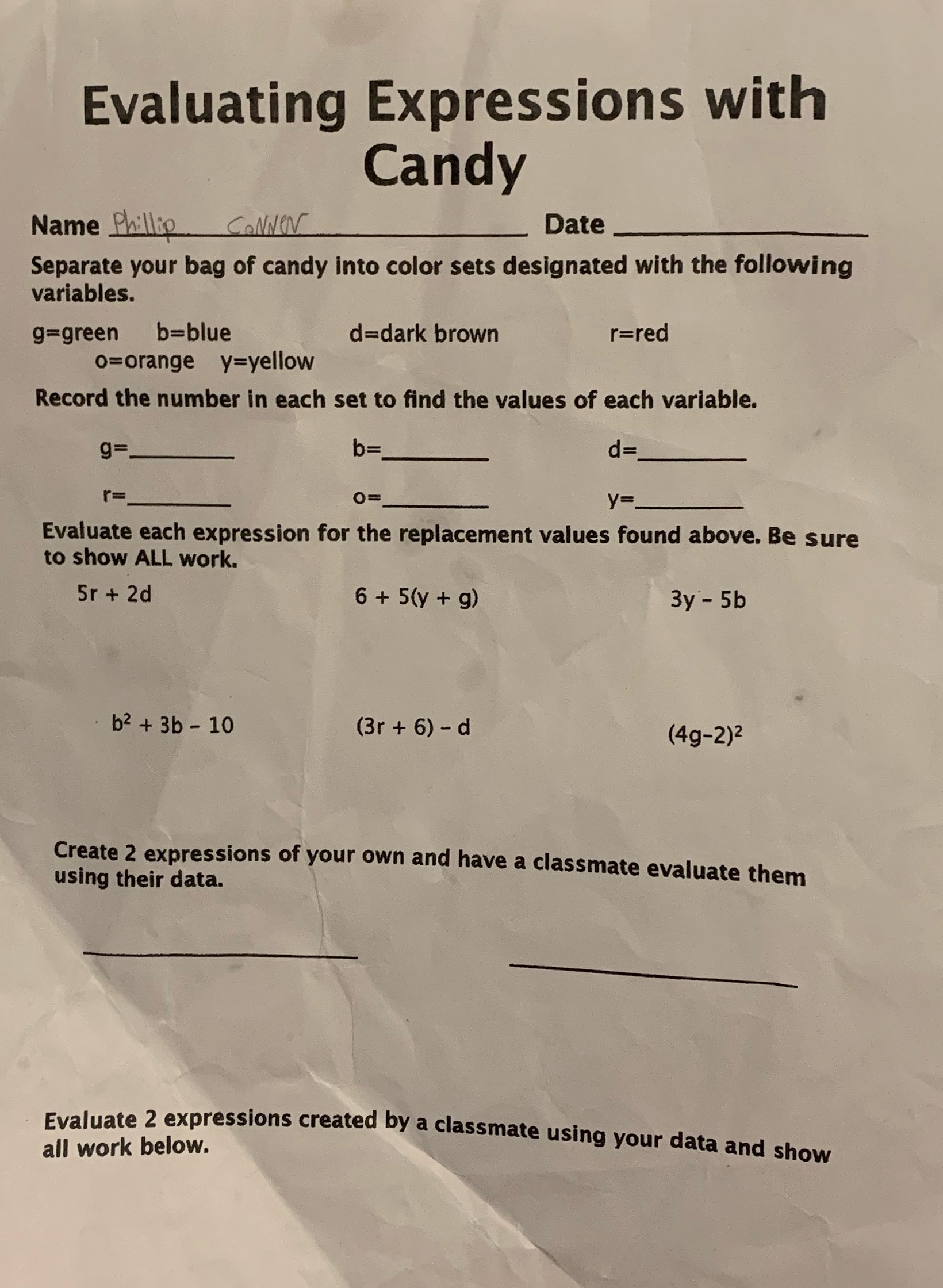 Evaluating Expressions with Candy Name Phillip