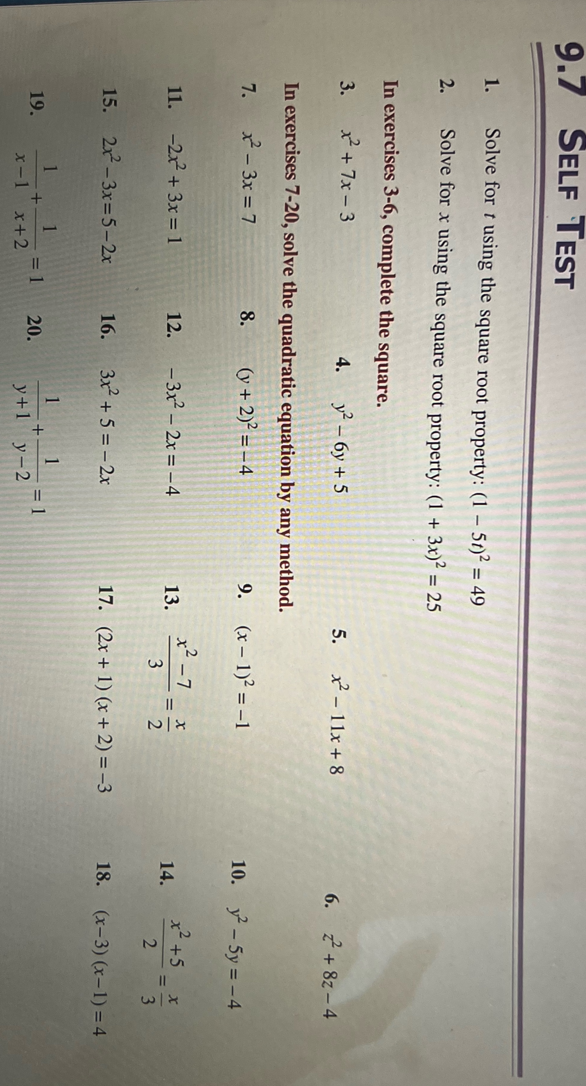 Week 14 algebra 9.7 SELF TEST . Solve for t using