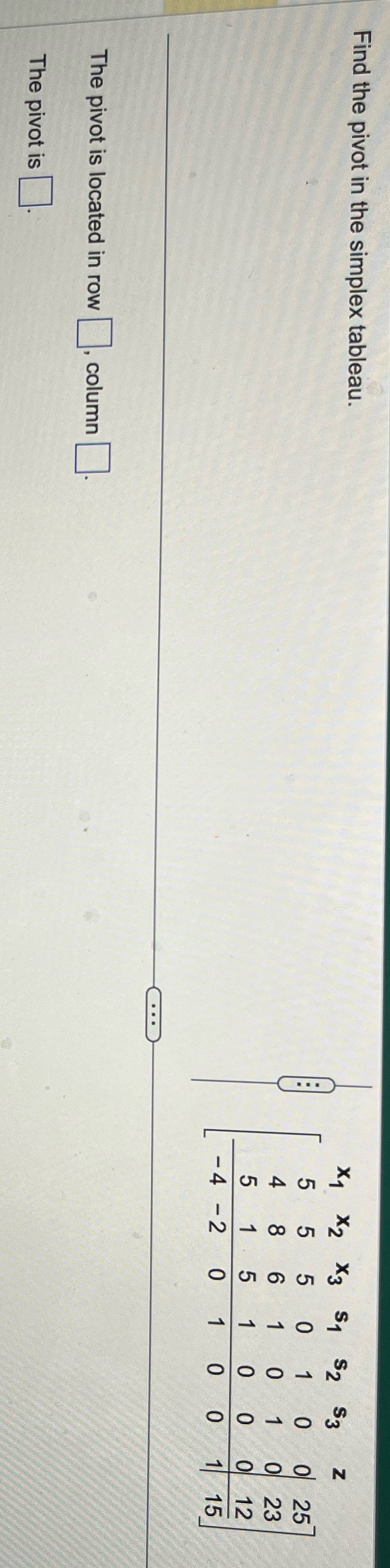 Find the pivot in the simplex tableau. . . . OFFF