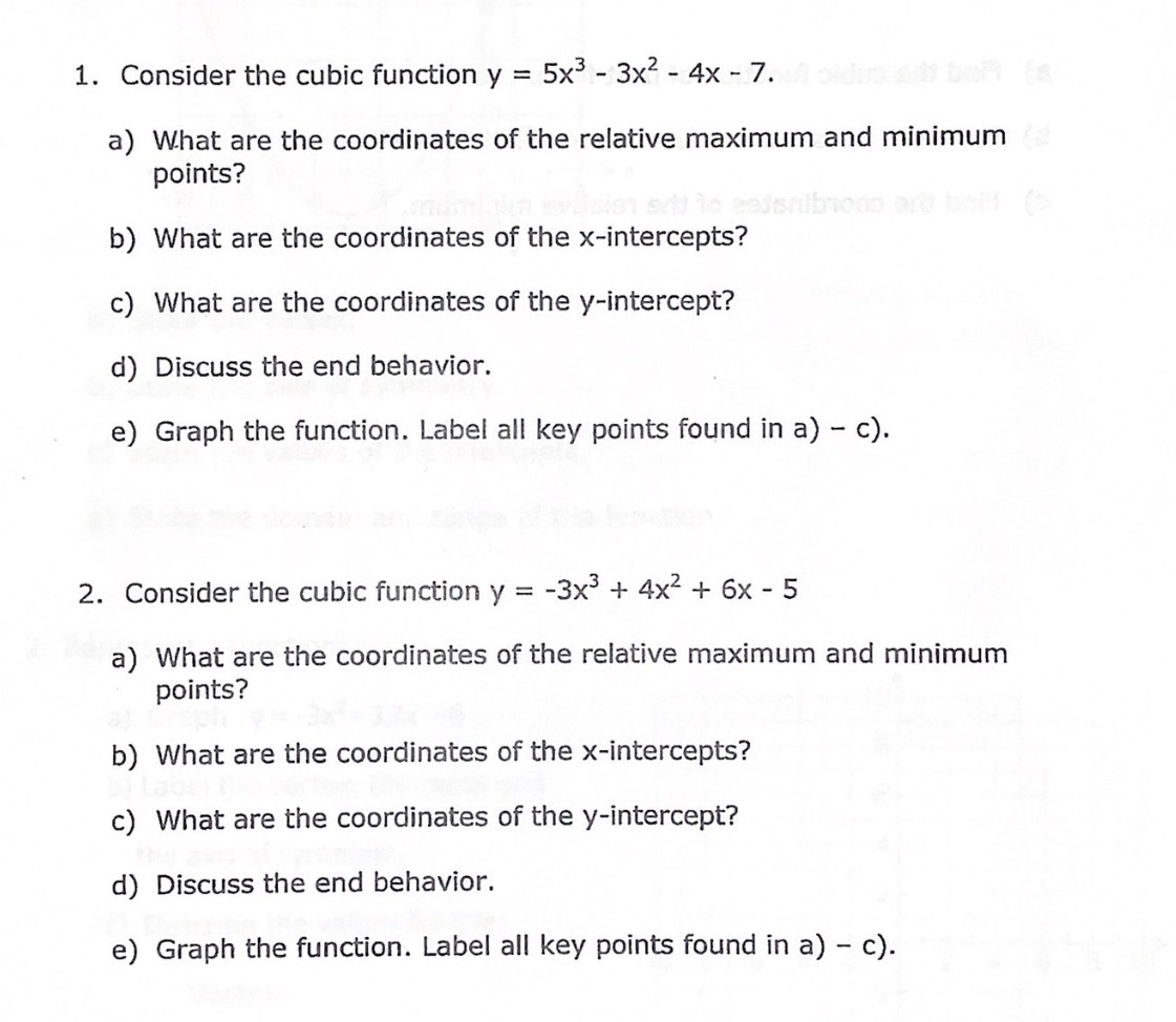1. Consider the cubic function y = 5x3 - 3x2 - 4x