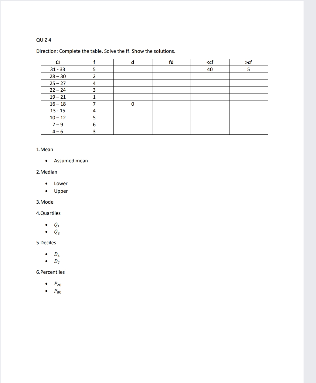 H elp me pleasse QUIZ 4 Direction: Complete the