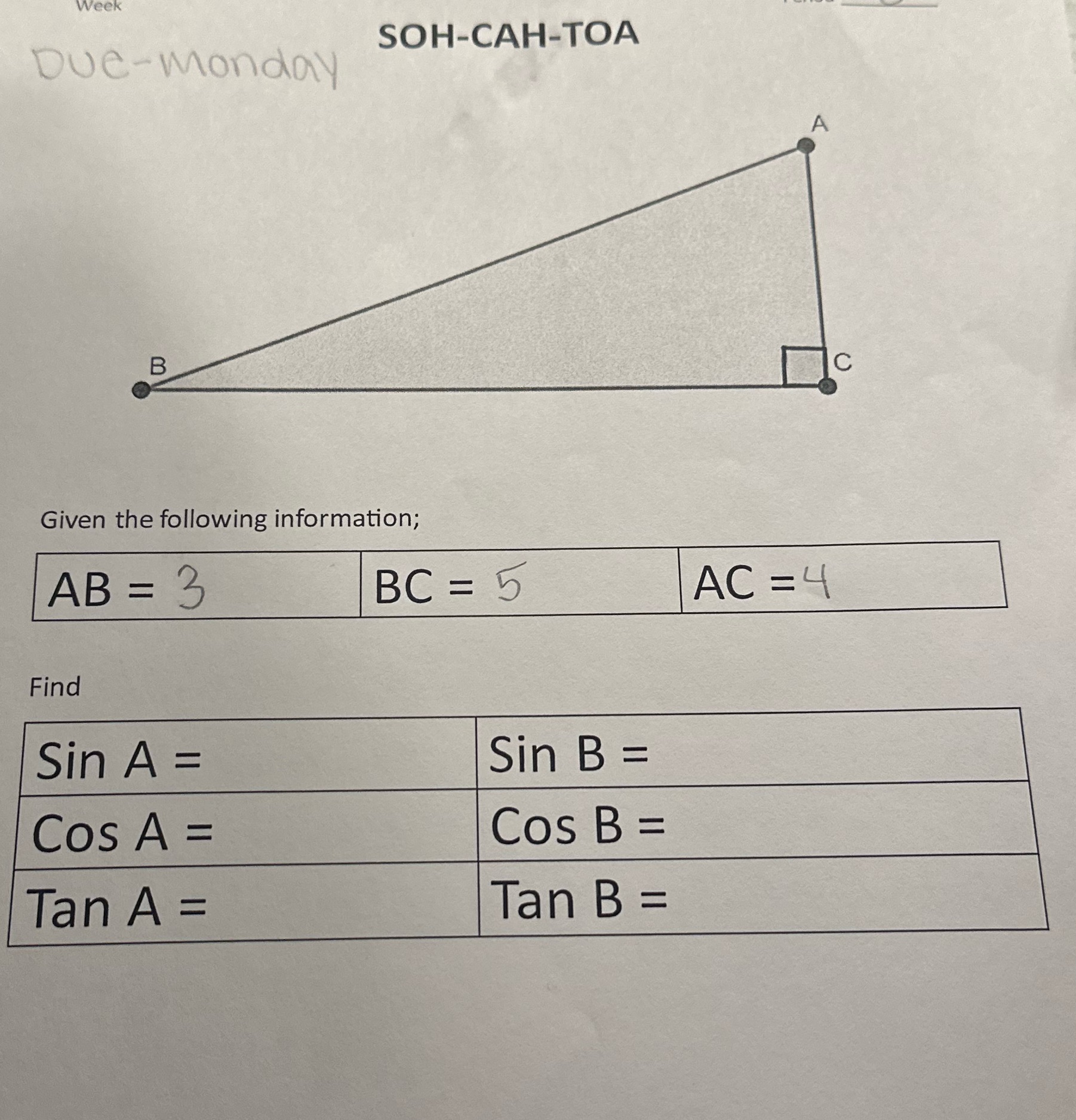 find sin A, cos A, tan A, sun B, cos B, and tan B