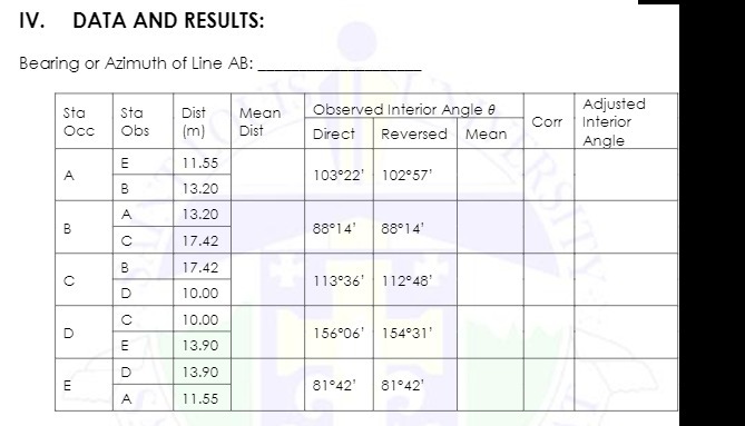 IV. DATA AND RESULTS: Bearing or Azimuth of Line