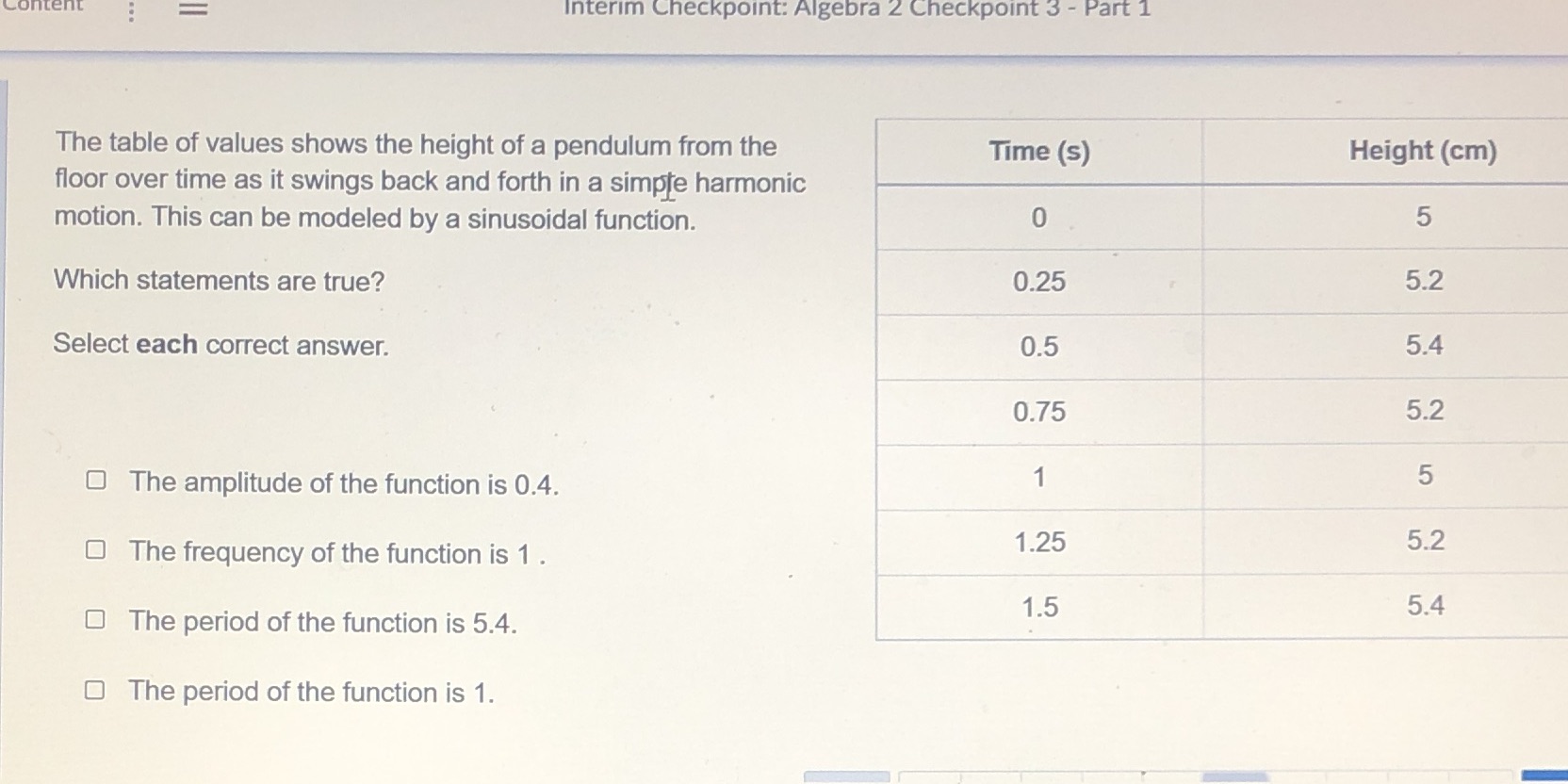 Interim Checkpoint: Algebra 2 Checkpoint 3 - Part