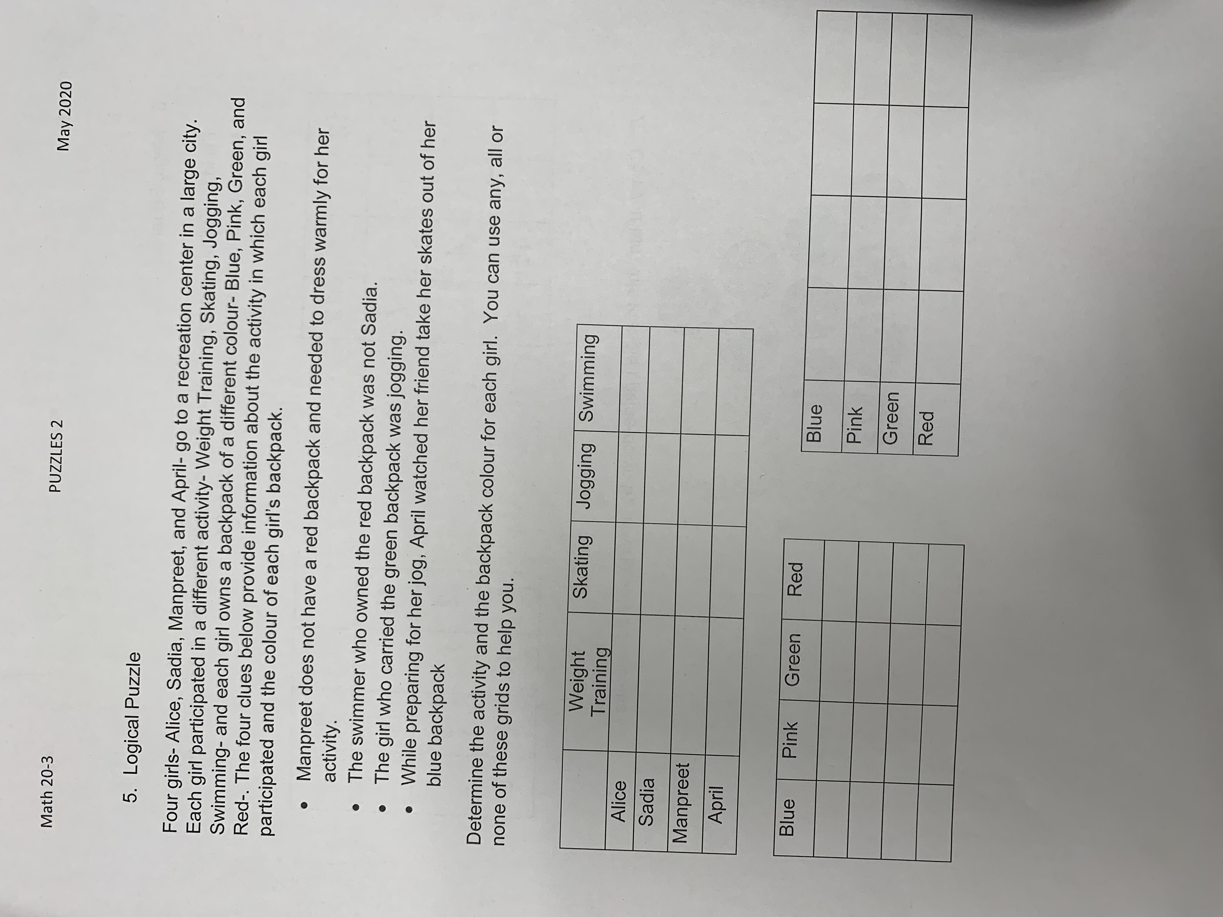 Math 30-2, Logical Puzzles assignment Math 20-3