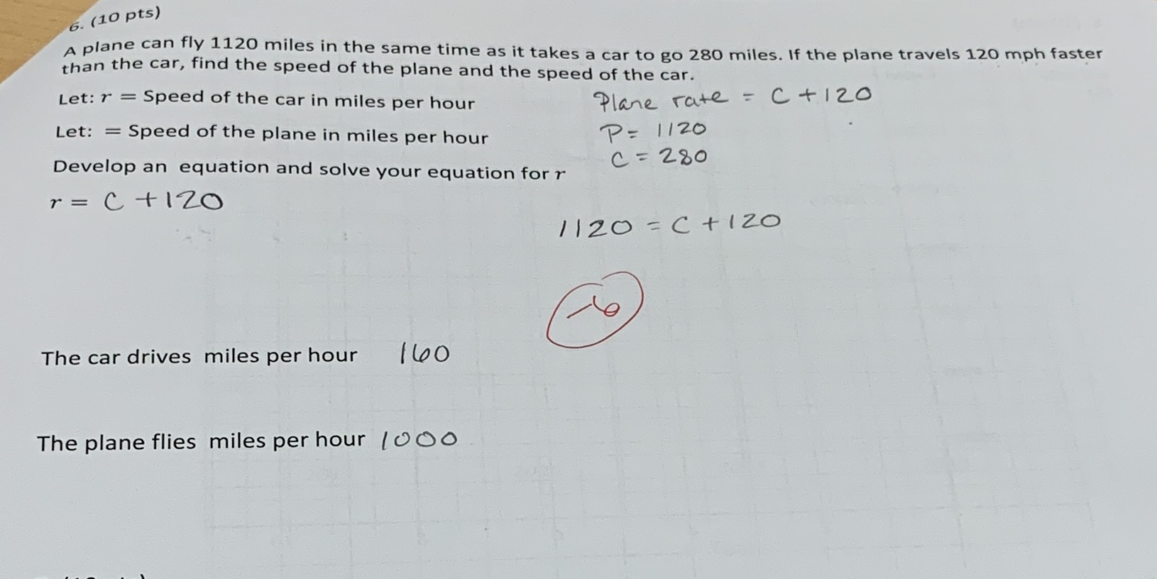 6. (10 pts) A plane can fly 1120 miles in the