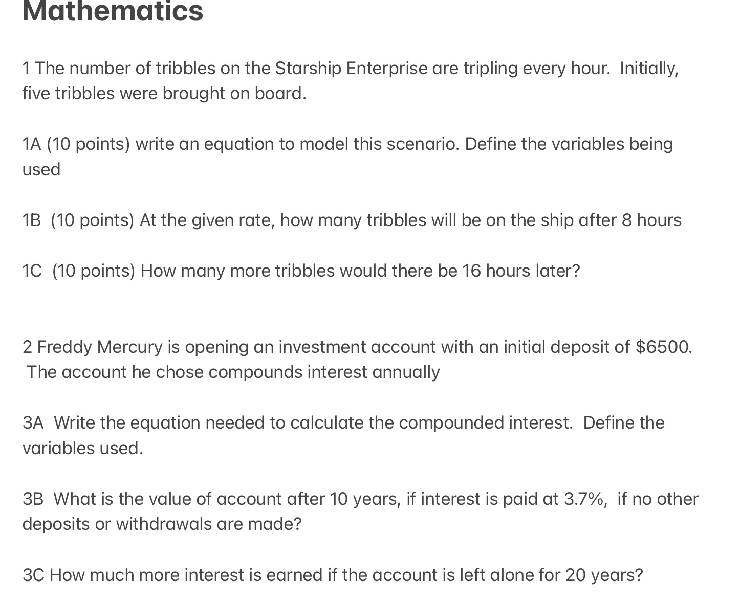 Algrebra ll Mathematics 1 The number of tribbles