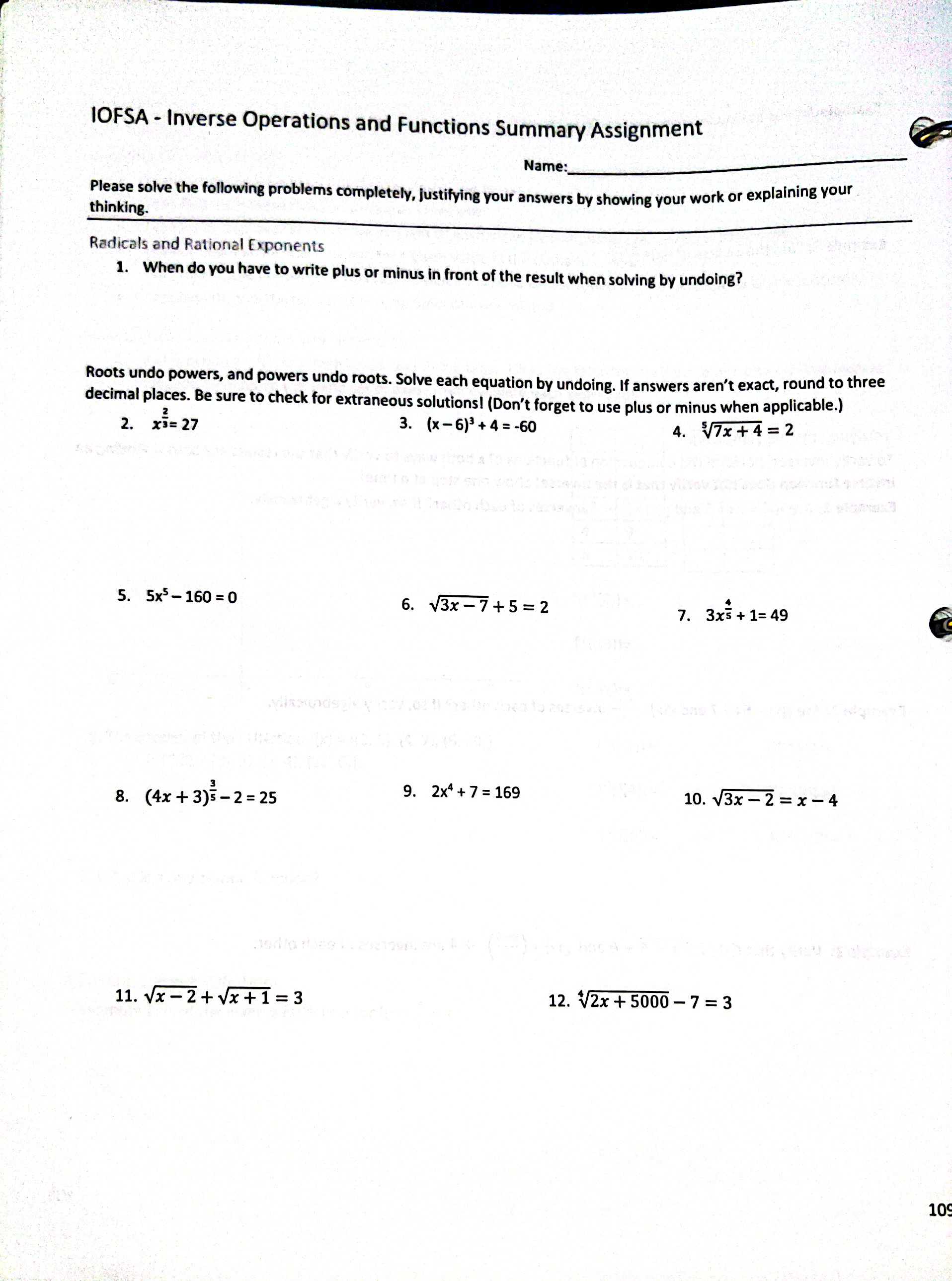 IOFSA - Inverse Operations and Functions Summary