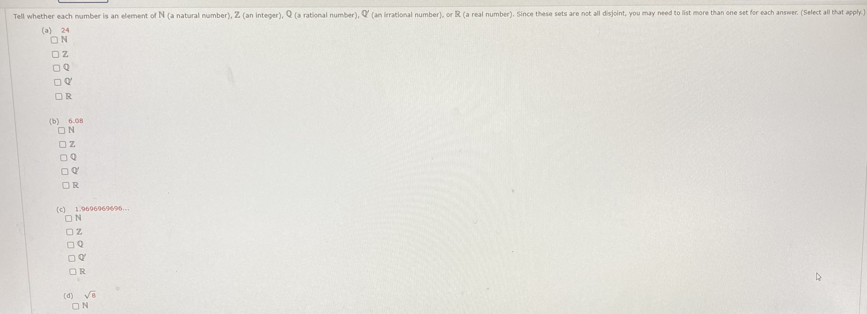 Tell whether each number is an element of N (a