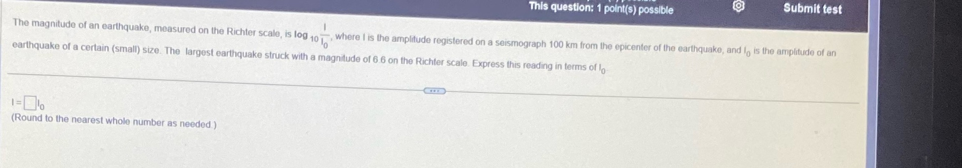This question: 1 point(s) possible Submit test