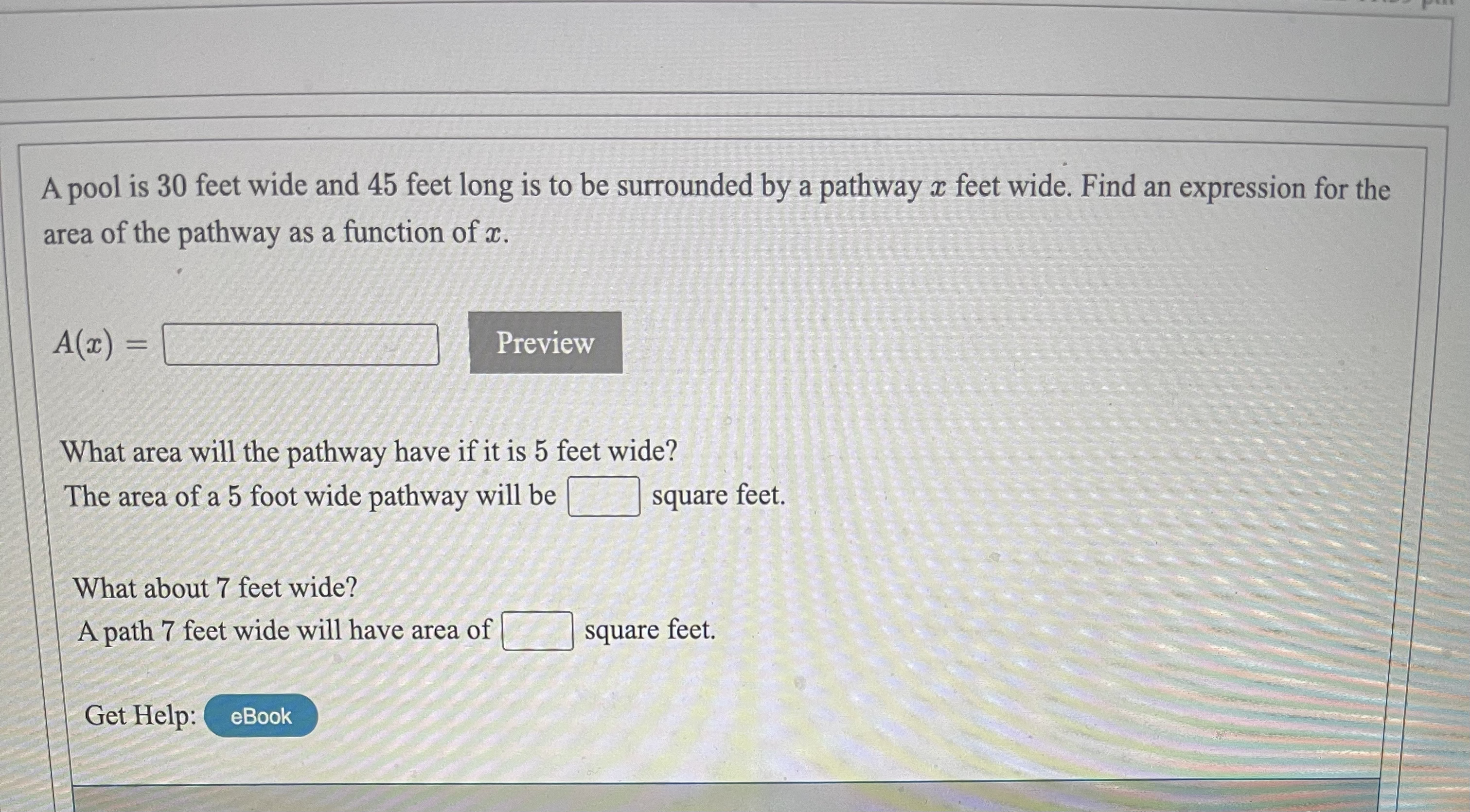 A pool is 30 feet wide and 45 feet long is to be