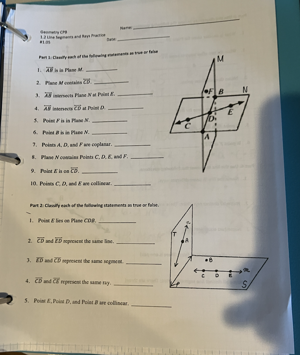 Name: Geometry CPD 1.2 Line Segments and Rays