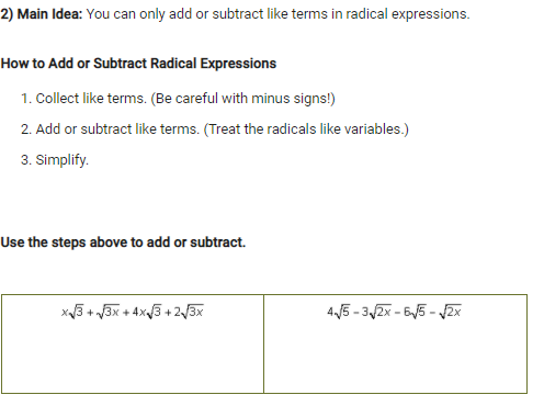 1) Main Idea: In radical expressions, like terms