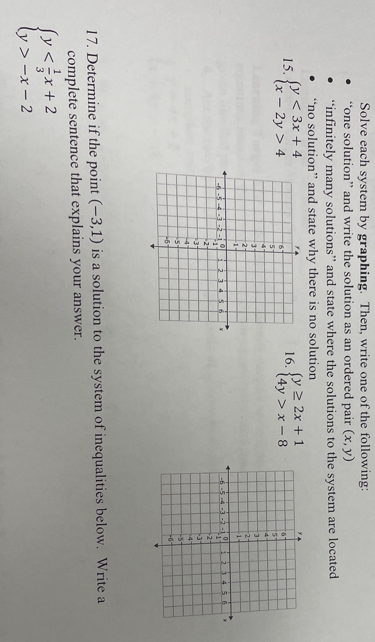 Solve each system by graphing. Then, write one of