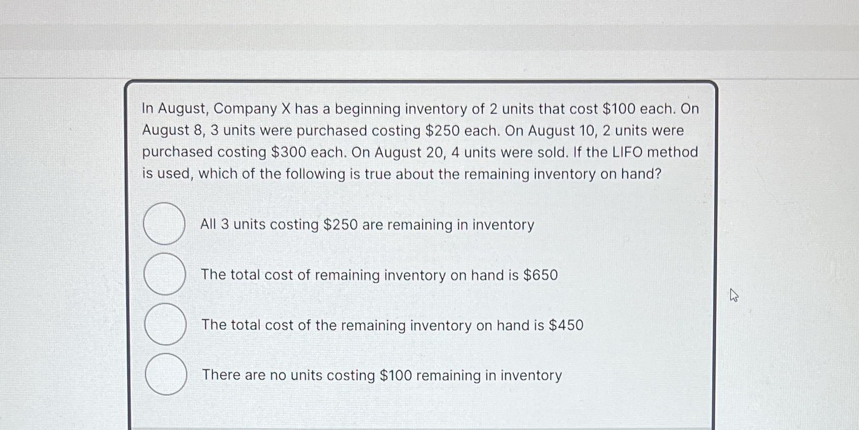 In August, Company X has a beginning inventory of
