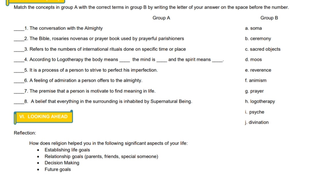 Match the concepts In group A with the correct