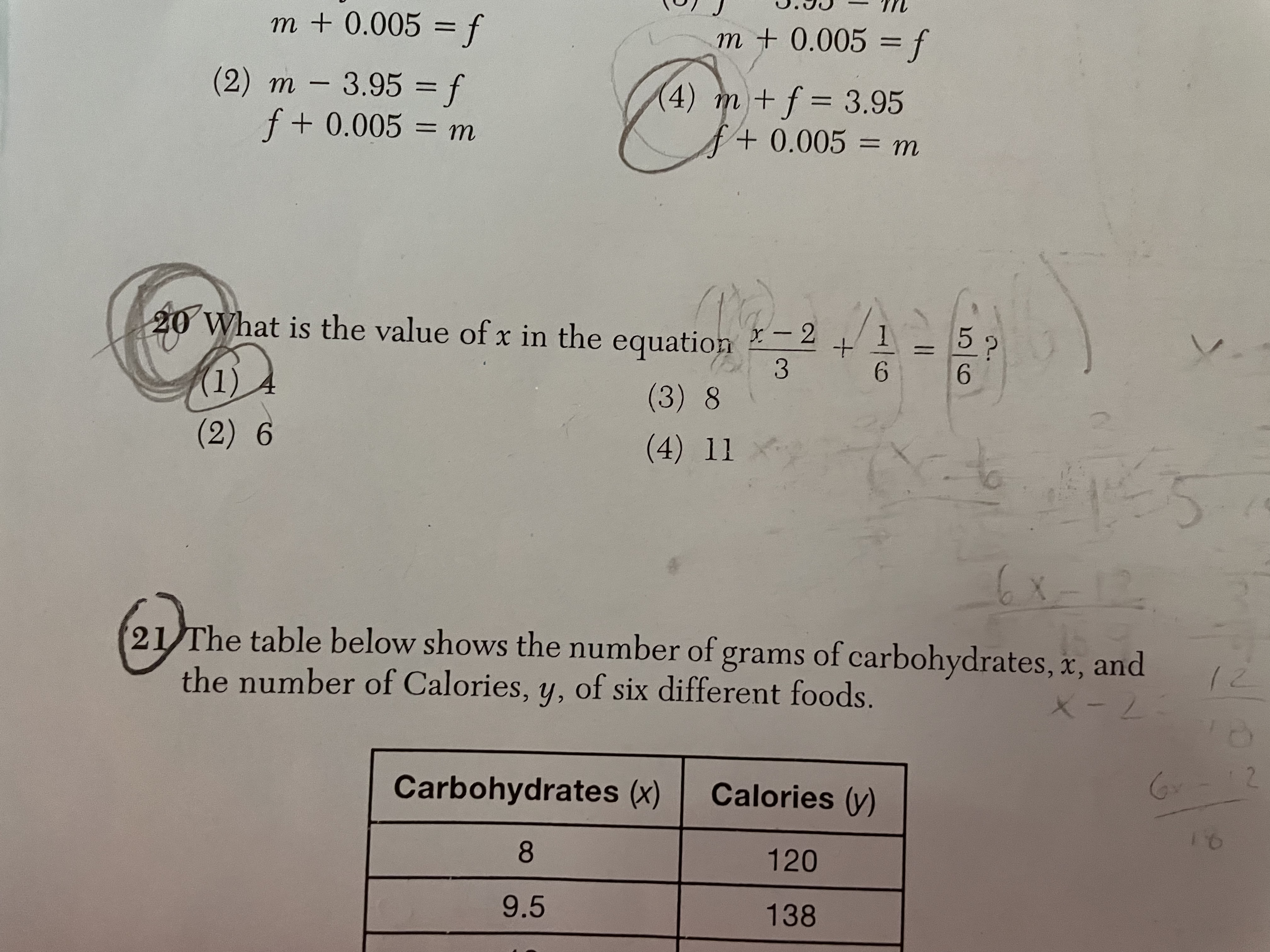 m + 0.005 = f m + 0.005 = f (2) m - 3.95 = f 4) m
