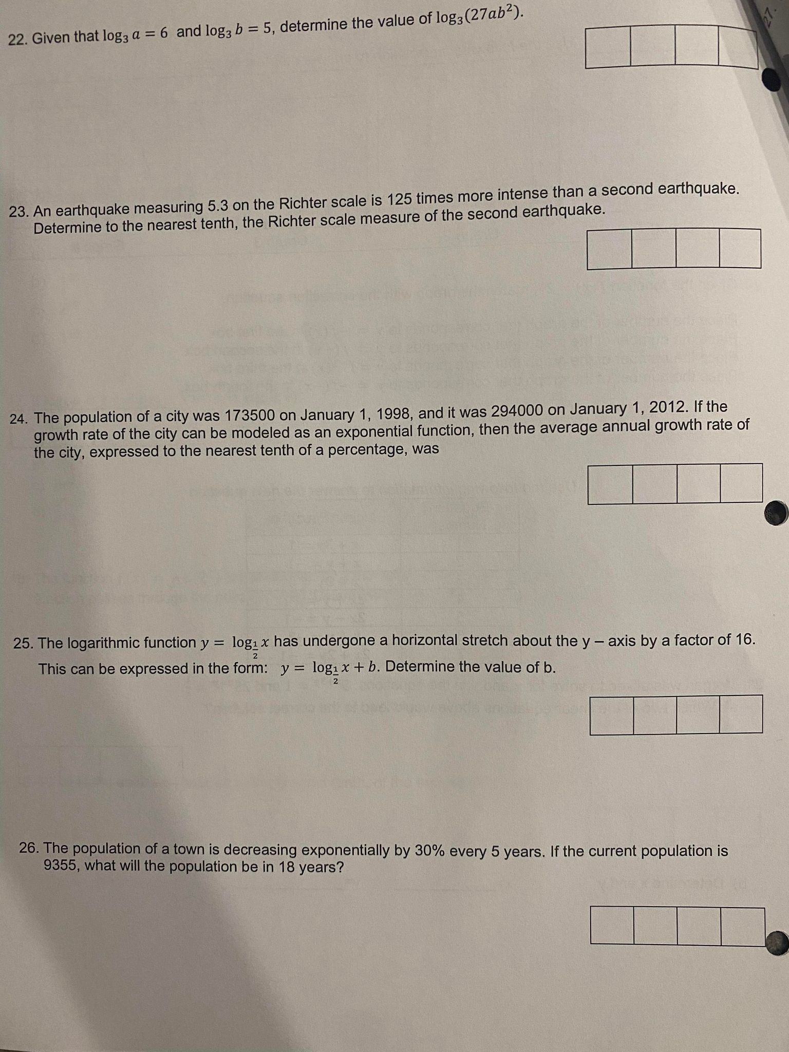 22. Given that log3 a = 6 and log3 b = 5,