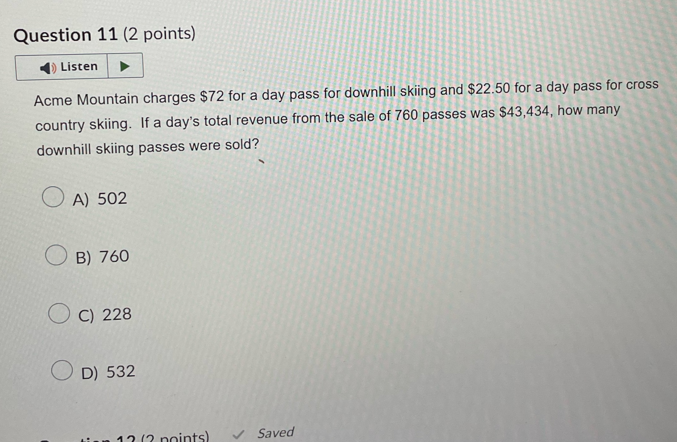 Question 11 (2 points) Listen Acme Mountain