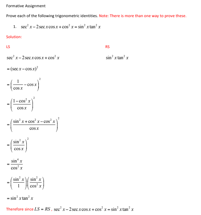 Part A: Select TWO examples of solutions to trig